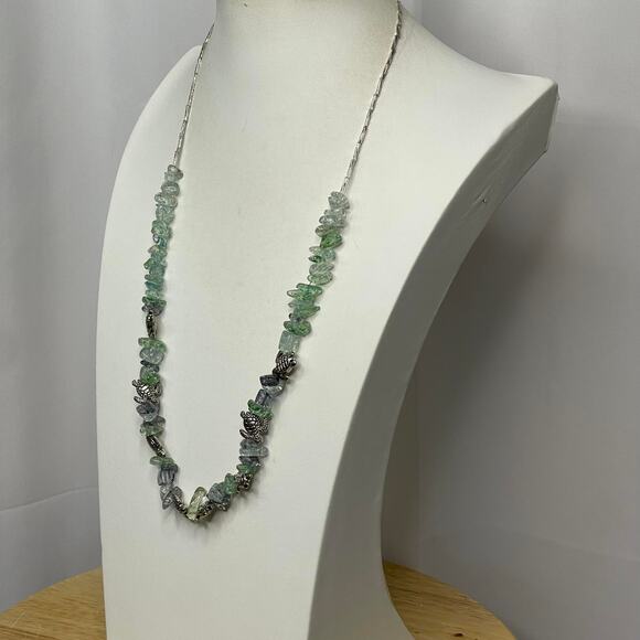 Necklace green teal seaglass look beads beading with silver tone TURTLE jewelry - Picture 7 of 14